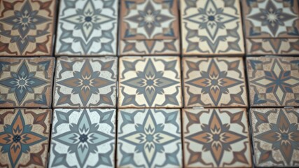 A captivating arrangement of patterned tiles, showcasing intricate floral motifs, creates a visually stunning display of symmetrical beauty.