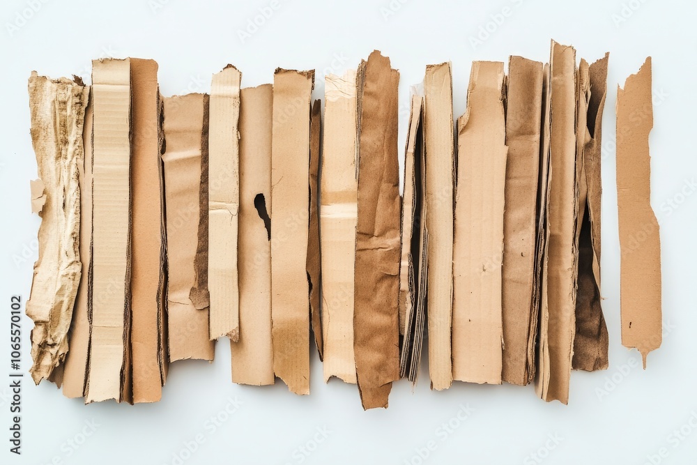 Poster A group of cardboard strips is placed horizontally, presenting a diversity of textures and shades, forming a unique visual pattern that captures the eye.