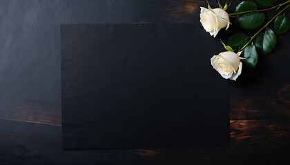 Blank condolence card, sympathy card, memorial card, greeting card with fresh Roses on the dark and neutral background floral concept. Empty place for a text.