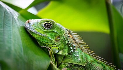 Naklejka premium A reptilian green iguana basks in the sun on a tropical tree branch