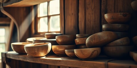 A collection of handcrafted wooden bowls rests on a rustic shelf bathed in warm sunlight, showcasing the beauty of natural materials and skilled craftsmanship.