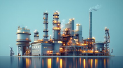 Obraz premium An Industrial Complex with Tall Towers and a Smoking Chimney Reflecting in Still Water