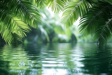 Fototapeta premium Serene Tropical Landscape with Palm Leaves and Water Reflection
