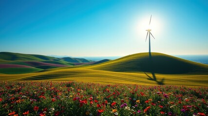 A solitary wind turbine stands tall against a bright blue sky, casting a long shadow across a field of vibrant wildflowers blooming amidst rolling green hills.