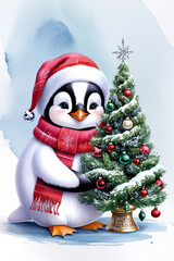 a very cute New Year's penguin in a hat and a red scarf on a neutral blue background holds a Christmas tree with decorations