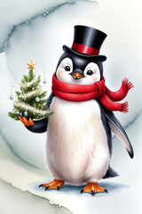 a very cute New Year's penguin in a hat and a red scarf on a neutral blue background holds a Christmas tree with decorations