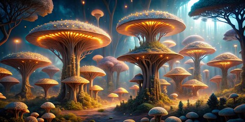 Fototapeta premium Enchanted Mushroom Forest A Mystical Glowing Path Through an Ethereal Landscape of Giant Fungi
