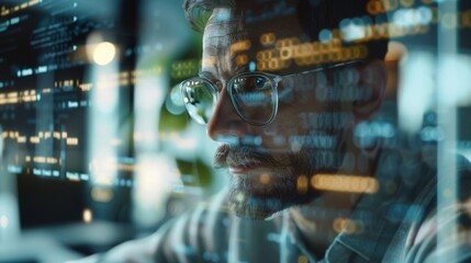 A Programmer's Focus: Code and Data Overlaid on a Man's Face