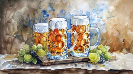 Three frothy beer mugs on a wooden tray with green hops and grapes, against a soft abstract background.