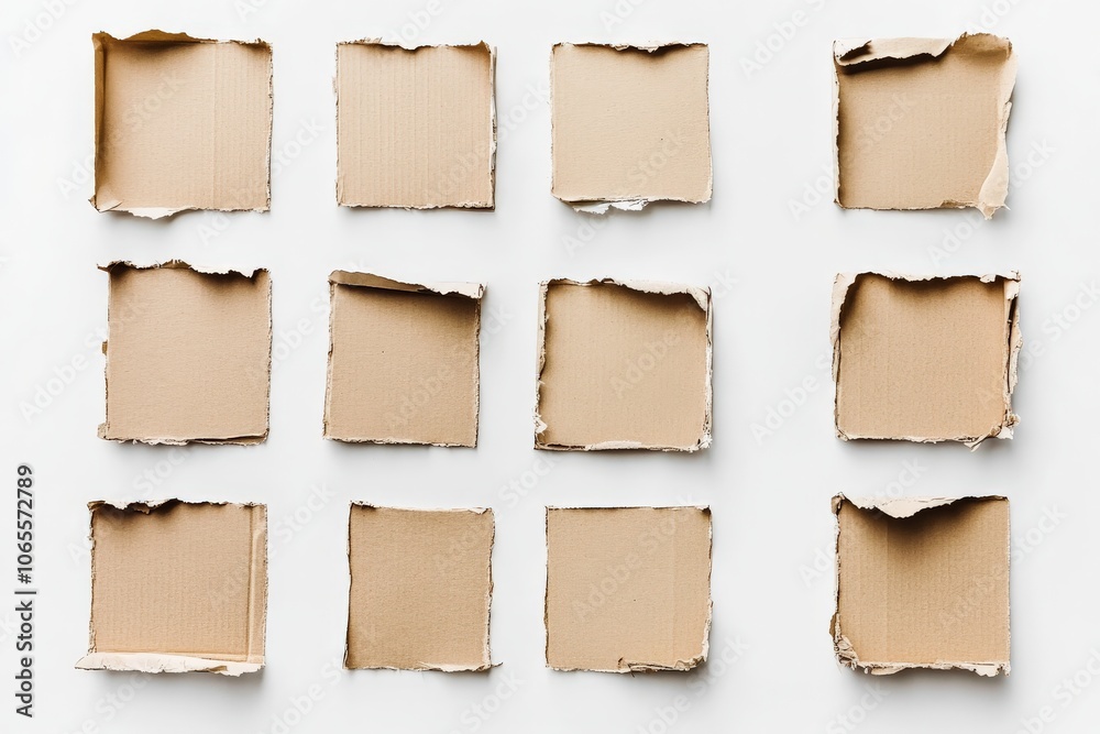 Poster a grid of evenly arranged, torn cardboard pieces on a white background, expressing creativity and ab