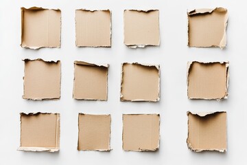 Fototapeta premium A grid of evenly arranged, torn cardboard pieces on a white background, expressing creativity and abstraction through everyday materials in art.