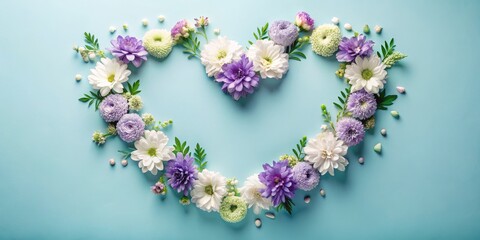 Floral Heart on Blue A delicate arrangement of white and purple flowers form a heart shape on a soft blue background