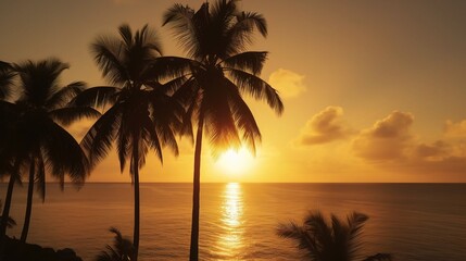 Tropical Sunset Over Calm Ocean with Palm Trees