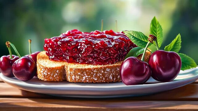 A slice of toast topped with cherry jam sits on a white plate with fresh cherries, ready for a summer breakfast