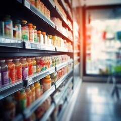 Fototapeta premium Shelves of Bottled Products in a Supermarket Setting