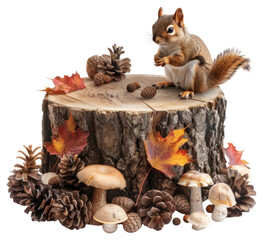 Obraz premium PNG A tree stump mushrooms squirrel autumn.