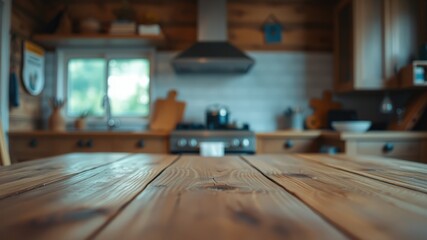 Rustic Kitchen Table with Blurred Background of Wood Cabinets, Stove, and Window