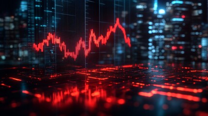 Red Stock Market Chart on a Digital Display with a Cityscape Background