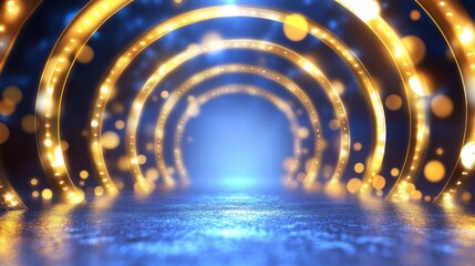 Naklejka premium A glowing, abstract tunnel with shimmering lights and a misty background.