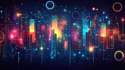 Obraz premium Vibrant neon cityscape made of rectangles and circles, glowing electric blue, neon pink, and lime green against a dark background. 