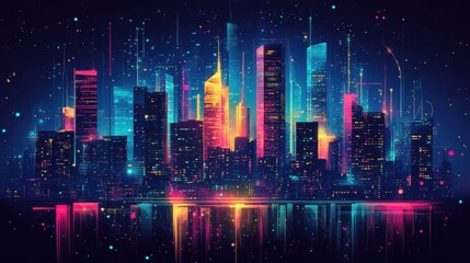 Vibrant neon cityscape made of rectangles and circles, glowing electric blue, neon pink, and lime green against a dark background.