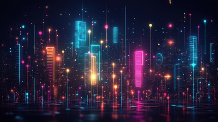 Fototapeta premium Vibrant neon cityscape made of rectangles and circles, glowing electric blue, neon pink, and lime green against a dark background
