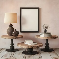 Rustic Interior Design with Wooden Tables, Lamps, and a Framed Poster Mockup