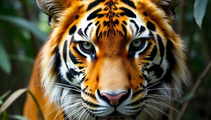 Obraz premium Wild tiger portrait highlighting its distinctive stripes and vibrant fur against a jungle blur.