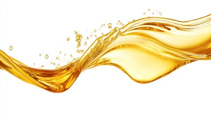 Golden Liquid Swoosh with Droplets on White Background