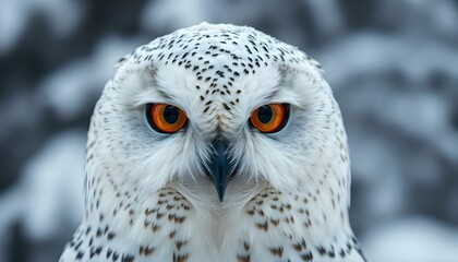 Obraz premium Close-up of a snowy owl's face showing intricate feather patterns and orange yellow eyes with snow