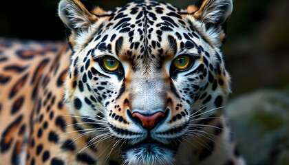 Obraz premium Snow leopard with spotted coat and bright yellow eyes captured in close-up, emphasizing its allure