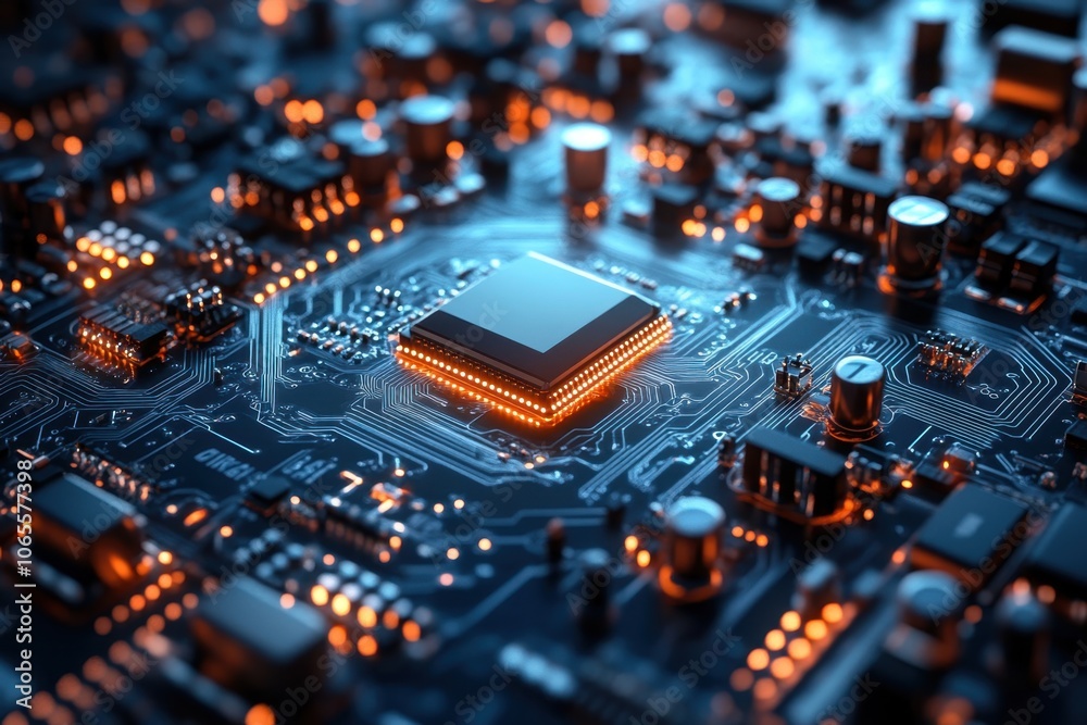 Poster close-up of a circuit board with a central processor and illuminated components in low light