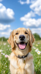 Golden retriever joyfully plays fetch in a sunny field