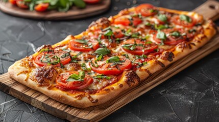 Flying wooden board with tasty pizza margarita on white background