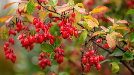 Obraz premium Vibrant red berries of barberry among green foliage in fall garden.