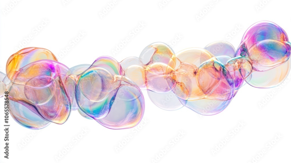 Poster a chain of iridescent soap bubbles on a white background