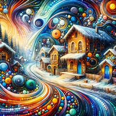 Obraz premium A magical winter village scene with swirling colors and intricate details in a whimsical style. The snow-covered cottages and patterns, create a fantastical and otherworldly atmosphere. (Gen, A.I.)