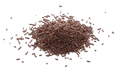 Chocolate sprinkles pile, granules isolated on white background 