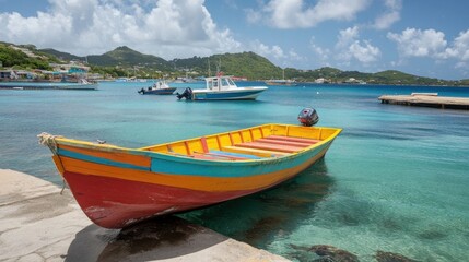 Fototapeta premium A colorful wooden boat tied to a dock in a tropical bay with clear blue water and lush green hills in the distance.