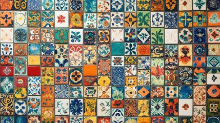 Fototapeta premium Top view of colorful mosaic texture featuring an array of vibrant tiles arranged in artistic patterns