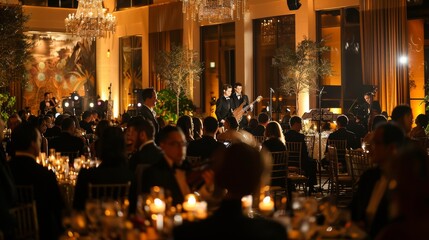 Elegant dinner event with musicians performing in a lavish setting, beautifully lit ambiance and guests enjoying the evening.