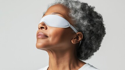 A middle-aged African American woman wears a soft sleep mask with an adjustable band
