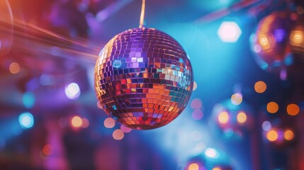 Obraz premium Disco ball reflecting colorful lights in a vibrant party atmosphere.