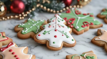 Obraz premium Deliciously decorated Christmas cookies showcasing festive designs on a marble background.
