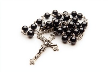 A beautifully crafted black rosary with a silver crucifix. This piece symbolizes faith and devotion. It can enhance personal reflection and spiritual practice. Generative AI