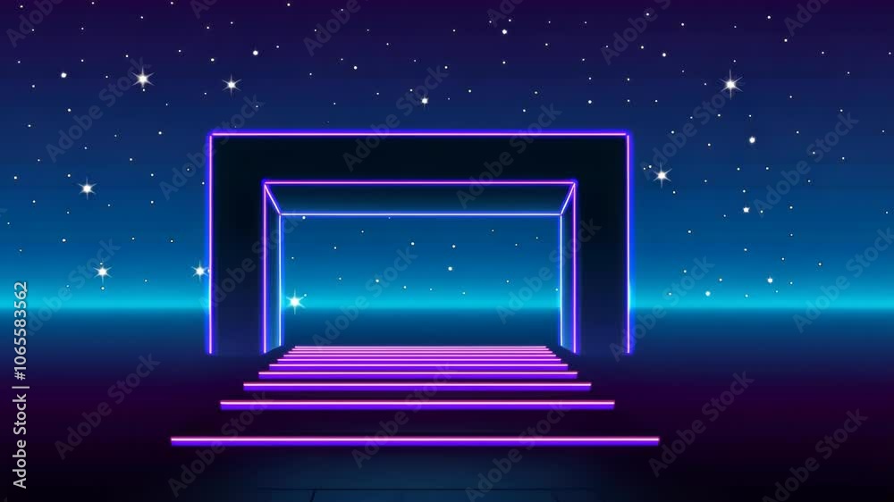 Poster neon 80s styled massive gate in retro game landscape with shiny road to the future