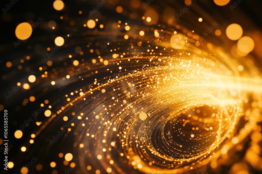 Poster A captivating abstract image showcasing swirling golden particles forming a mesmerizing vortex in an expansive dark space, evoking wonder and curiosity.