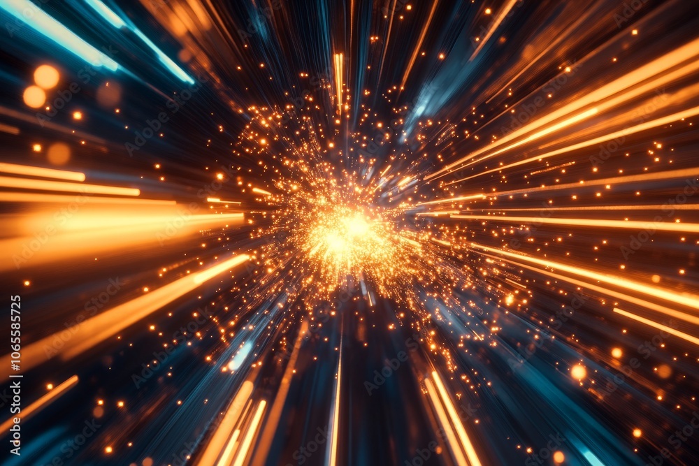 Poster An energetic explosion of light rays and fluttering particles shooting outwards in a dazzling motion, encapsulating a powerful burst of energy and vibrancy.