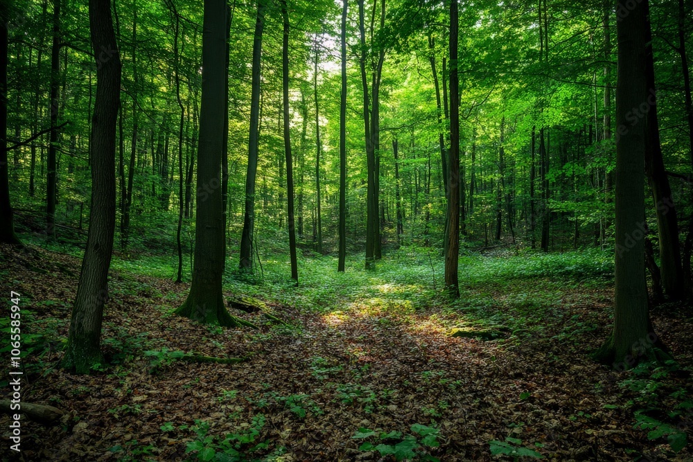 Poster A serene natural forest scene showcasing lush green foliage with sunlight gently filtering through trees, creating a peaceful and tranquil atmosphere of nature.