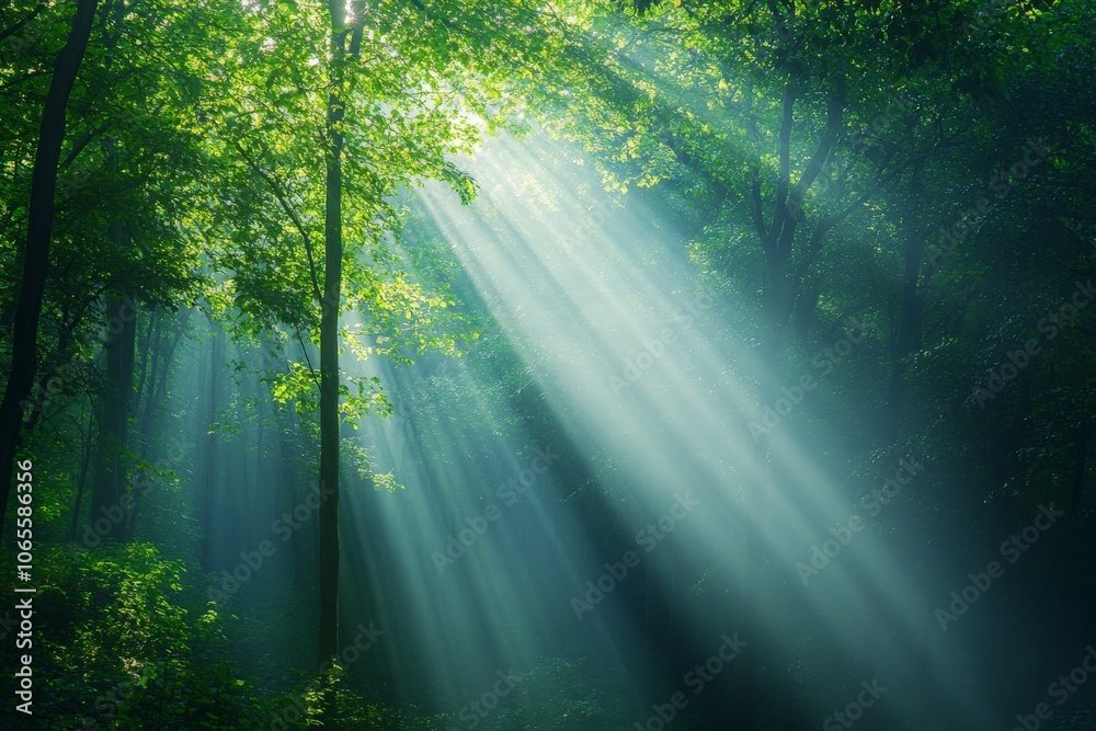 Poster bright rays of sunshine pierce through the dense canopy of green leaves, creating a captivating scen